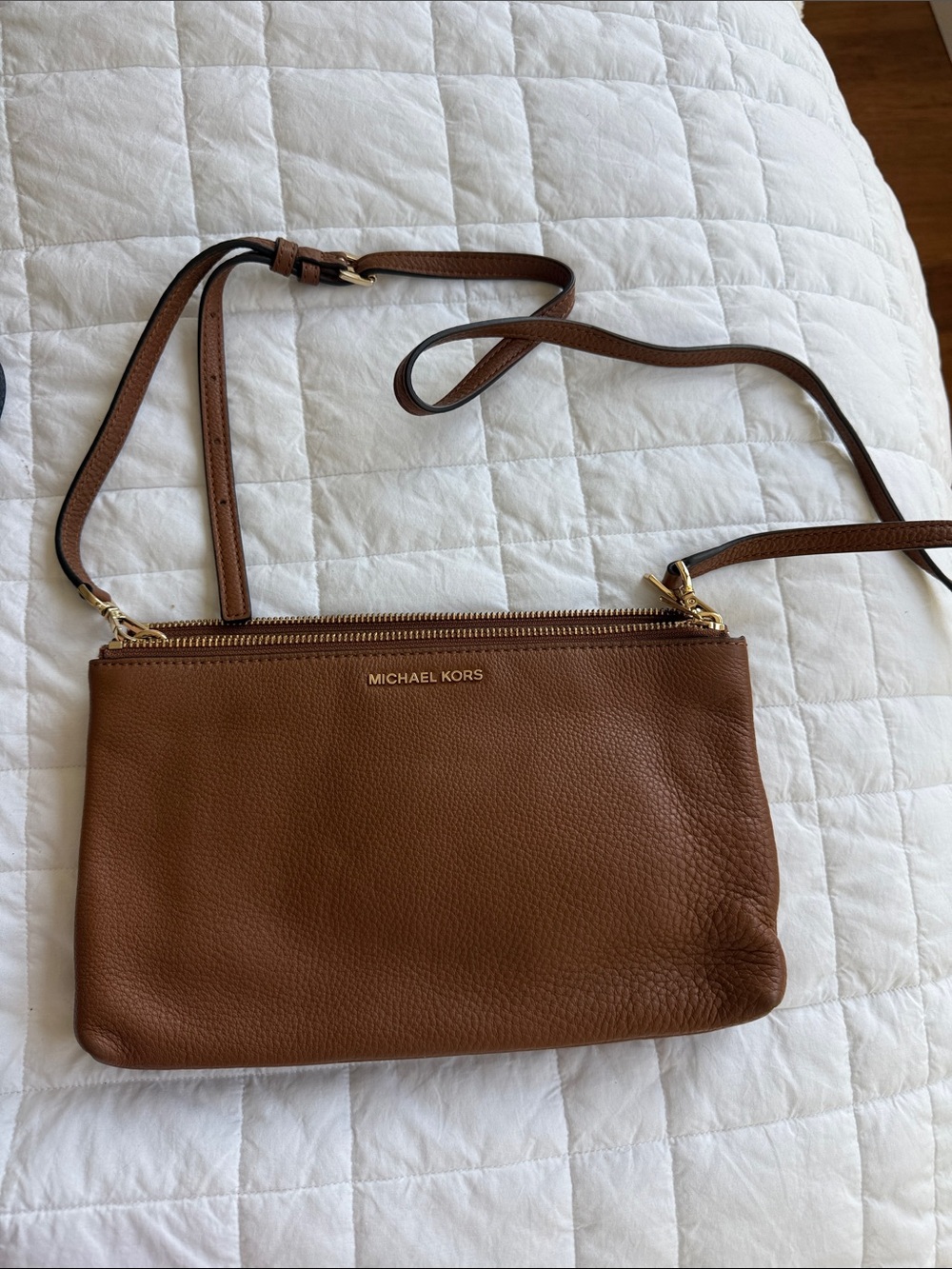 Michael Kors Tan Pebbled Leather Double Zip Crossbody